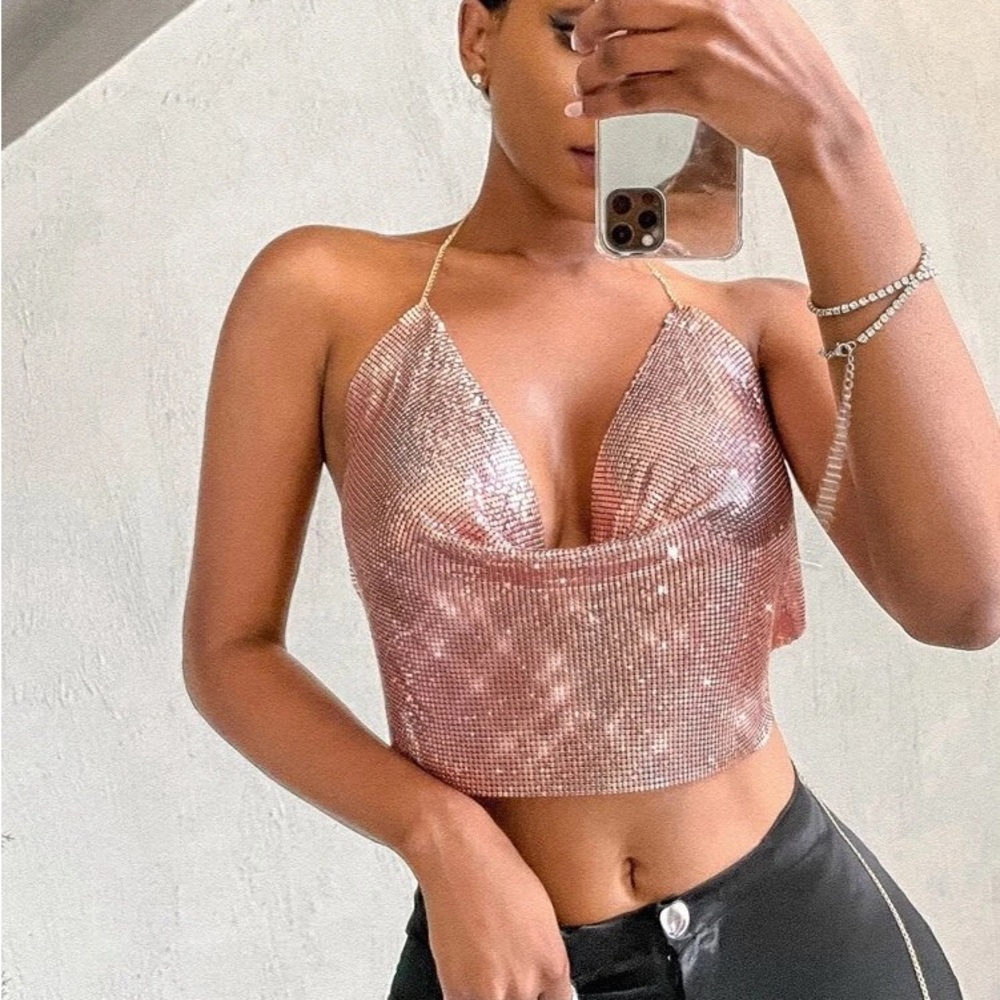 SHEIN Rose Metallic Sequin Cowl Halter Crop Top